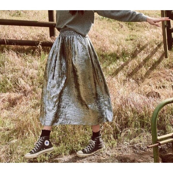 The Great. The Voile Maxi Skirt Solid Metallic Sliver Smocked S New 274231 - Picture 1 of 12